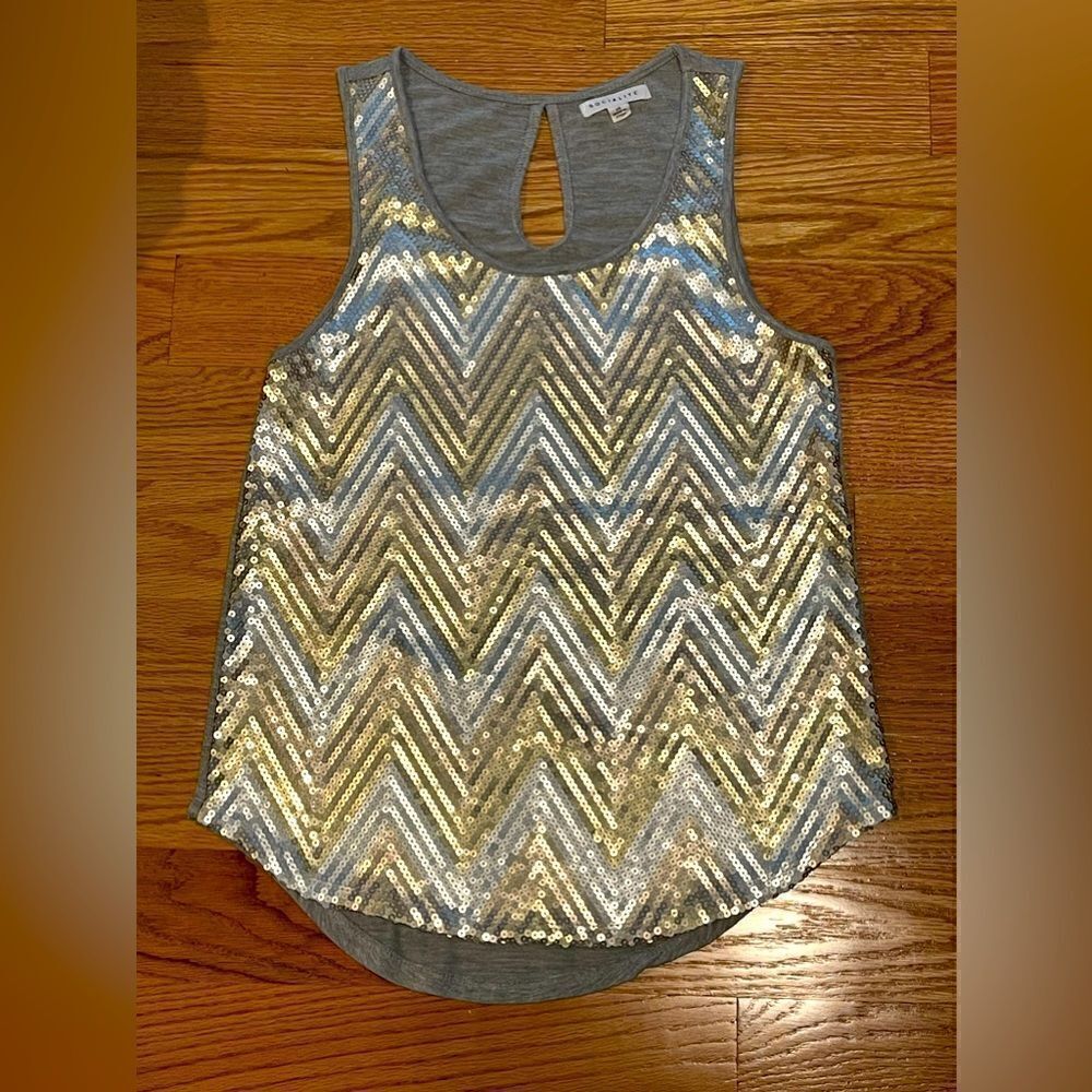 Socialite Chevron Sequin Silver & Gold Tank Top XS